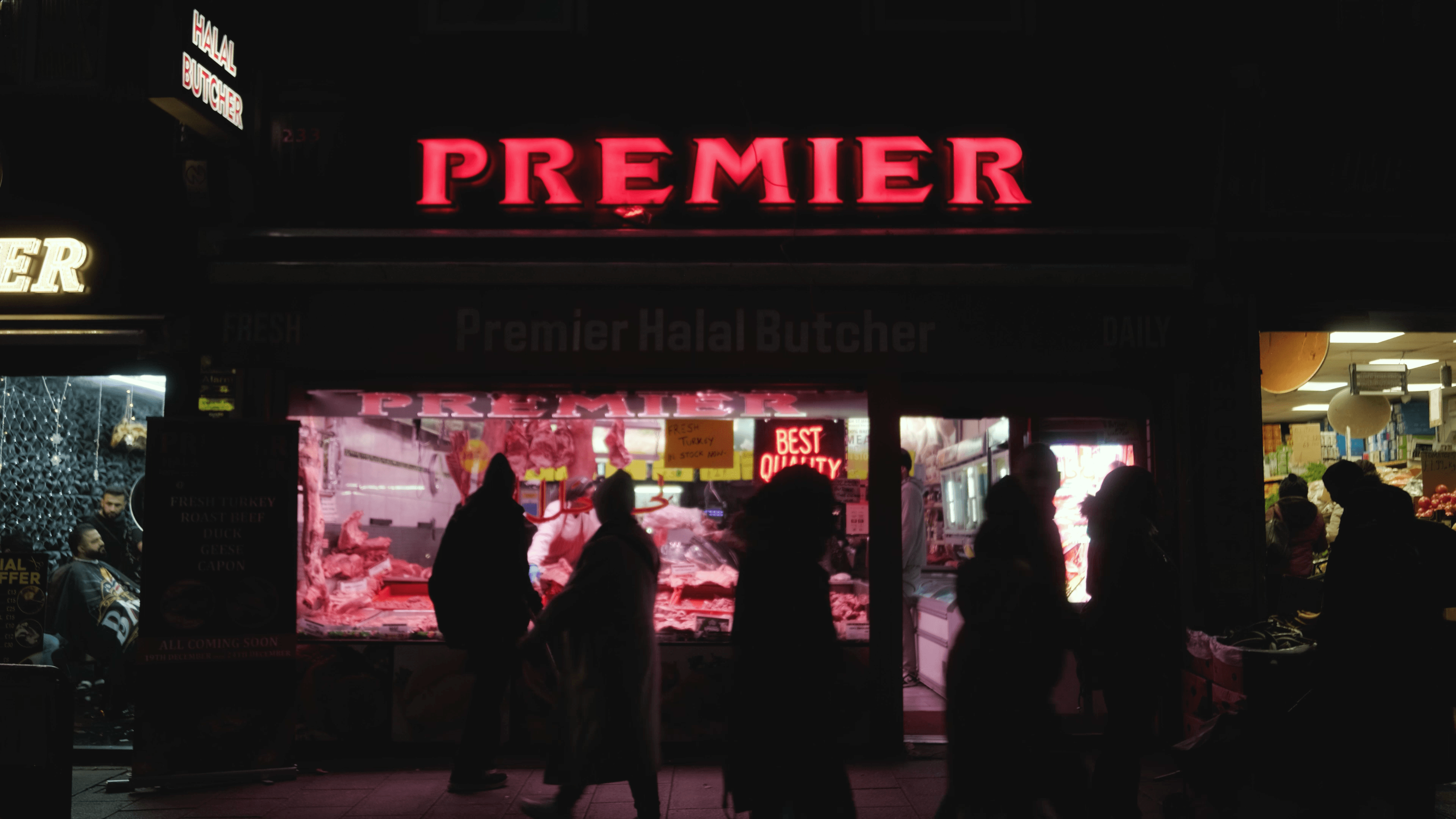 meat shop at night